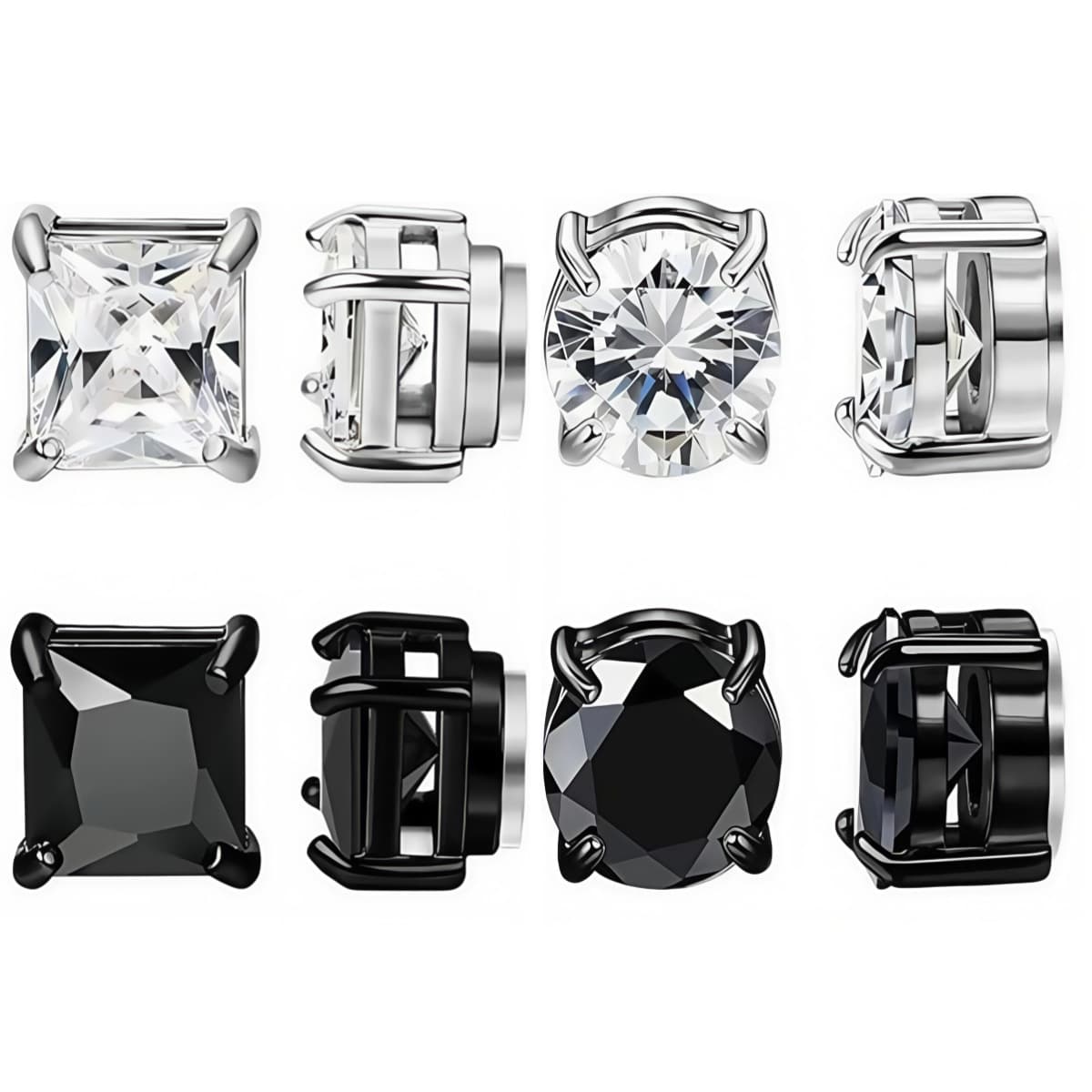 Magnetic Clip-On Earrings For Men & Women - Stainless Steel Cubic Zirconia Geometric Ear Cuffs (6mm & 8mm Square/Round, Silver & Black)