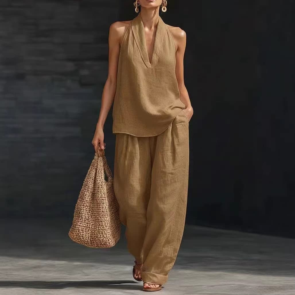Summer Halter Neck Two-Piece Set V-Neck Sleeveless Top And Flowy Wide-Leg Pants Women's Clothing Set in 8 Colors S-5XL