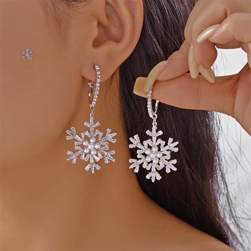 Elegant Christmas Snowflake Earrings With Faux Pearls & Zirconia – Festive Holiday Jewelry For Women