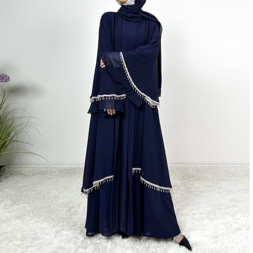 Women's Clothing New Chiffon Diamond Stripe Big Trumpet Sleeve Long Skirt Robe Dress Female Cardigan Suit National Costume 4618