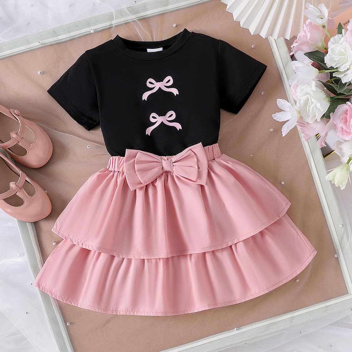 Kid's Clothing Summer Girl Suit Bow Print Short Sleeve Pink Puffy Skirt New Two Piece Suit
