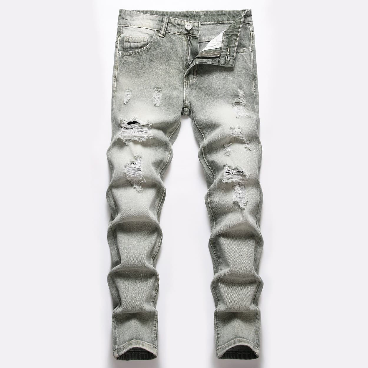Kids’ Clothing Boys Non Elastic Straight Leg Ripped Green Trousers Mid Waist Spot Jeans Four Seasons