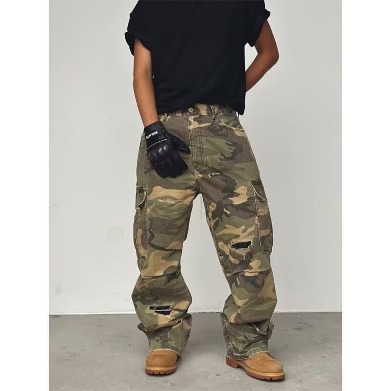 Men's Clothing Men's Camouflage Cargo Jeans Wide Leg Distressed Washed Vintage Style High Street Trendy Trousers