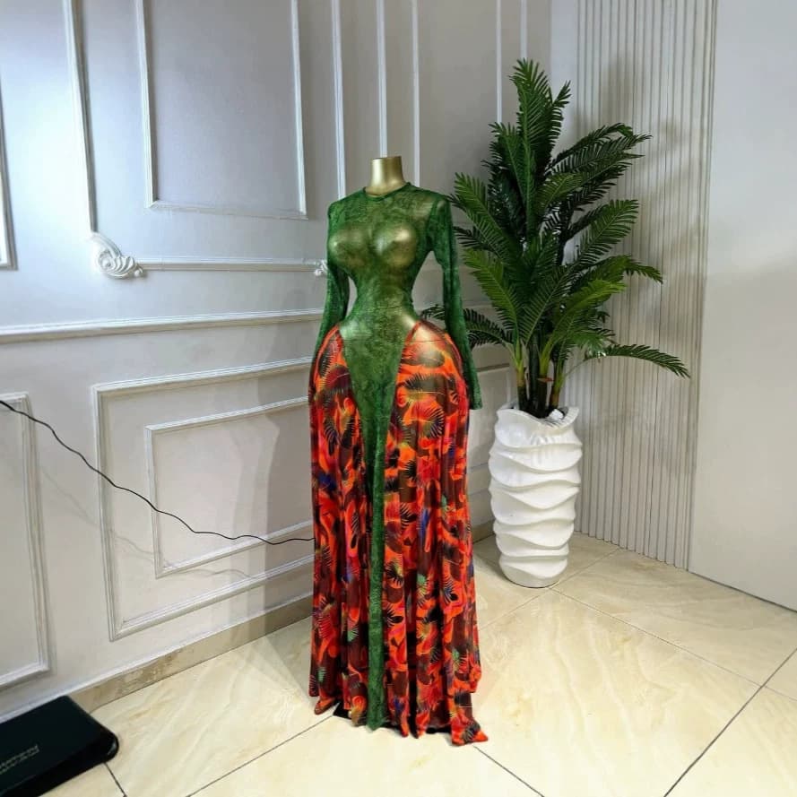 Elegant Long Sleeved Sheer Mesh Print Dress American Style Women's Clothing/Gown