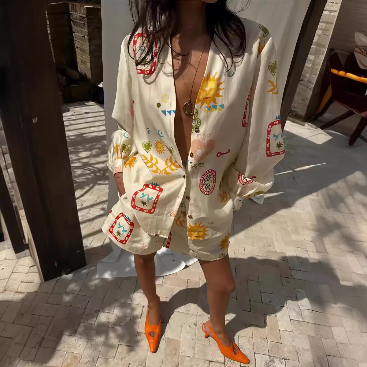 Women's Clothing Fashion Printed Linen Casual Versatile Shirt Cardigan Shorts