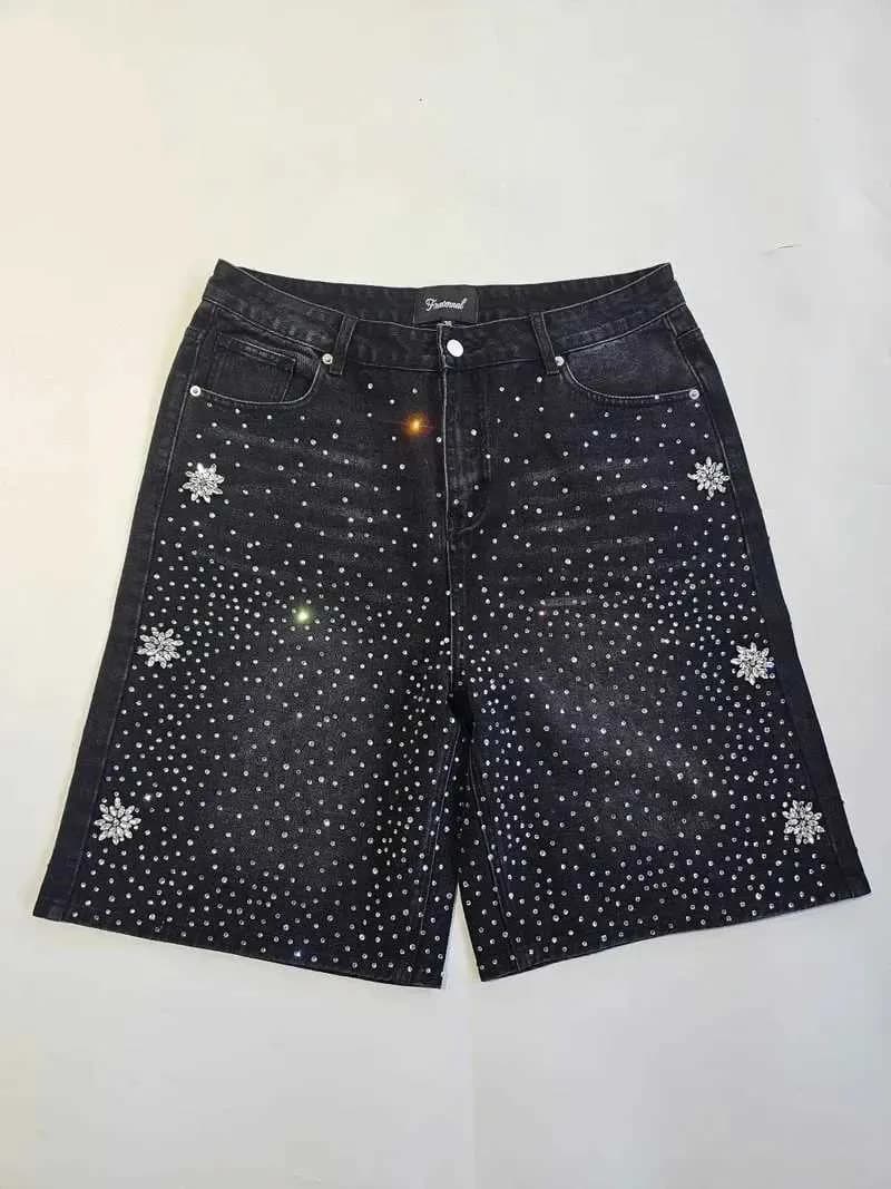 Vintage Astro Snowflake Rhinestone Denim Black Baggy Gym Y2K Jeans Men Women Haruku Hip Hop Low Waist Shorts X250403