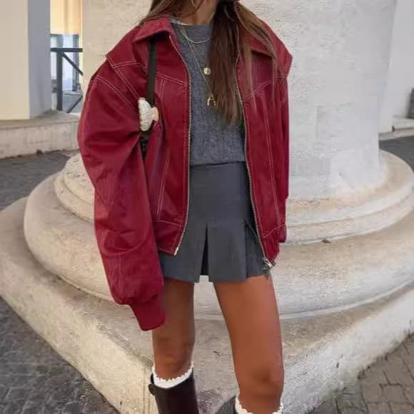 Vintage-Inspired Women's Zip-Up Jacket - Relaxed Fit, Long Sleeve, Polyester, Streetwear Fashion (Red, Coffee, Black, Teal, Brown, Green)