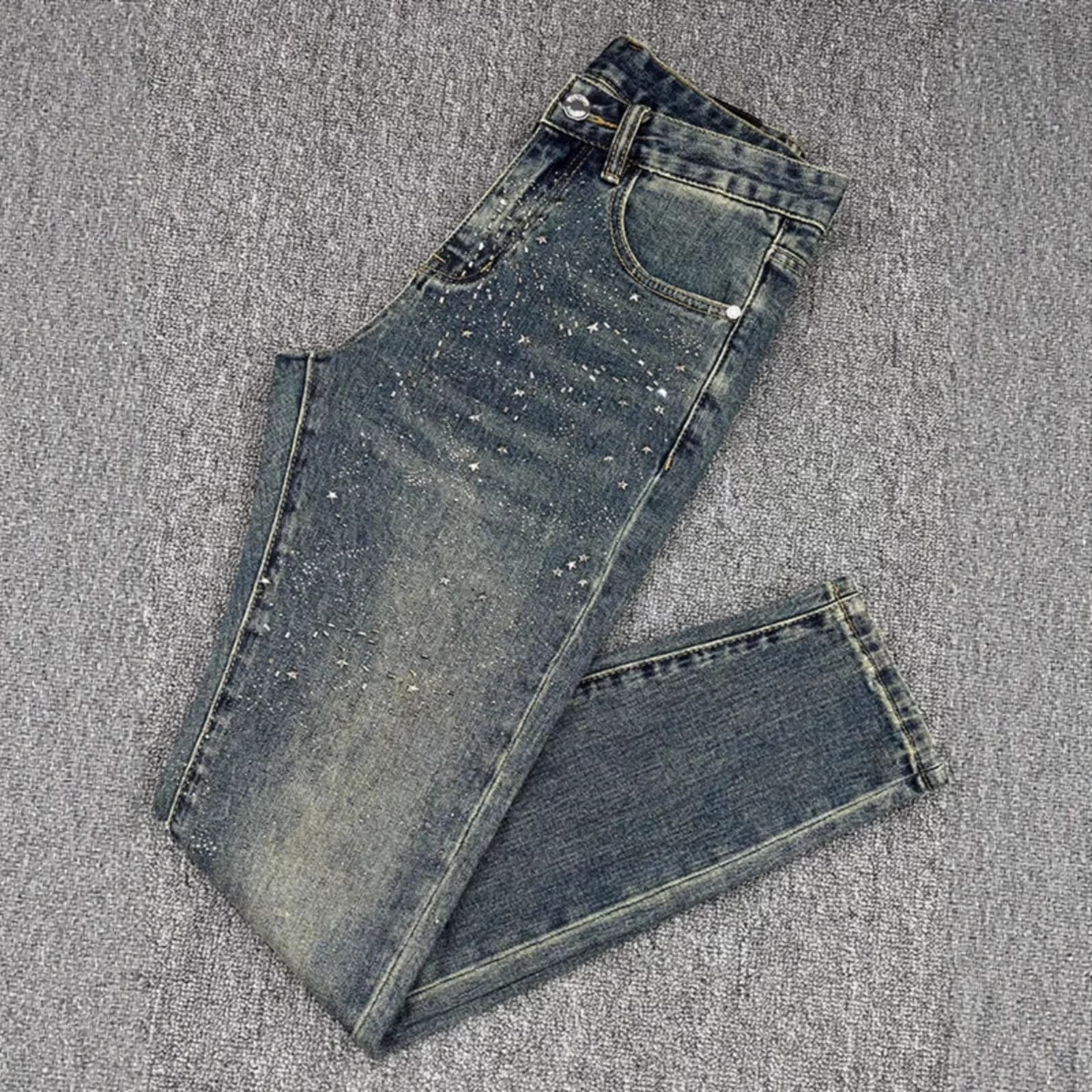 ​​Men's Vintage Rhinestone Jeans – Slim Fit Distressed Denim Pants For Casual & Streetwear​​ Breathable Cotton
