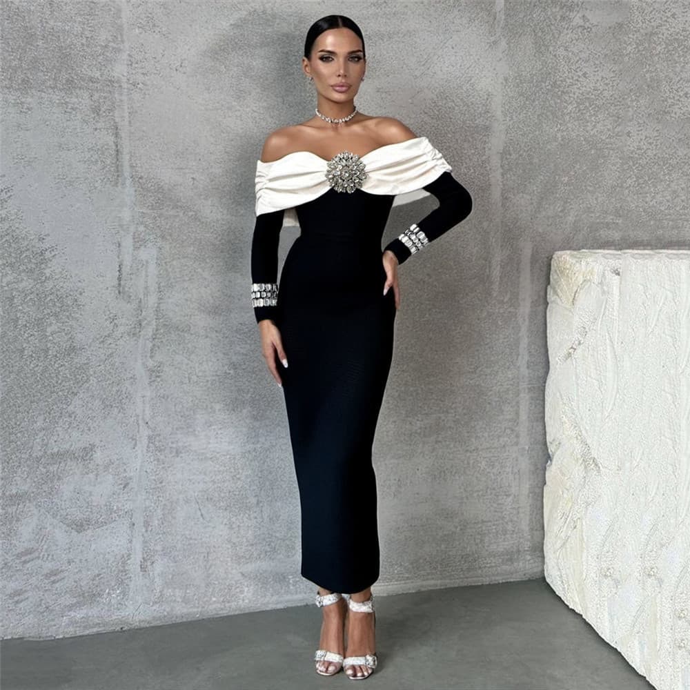 Elegant One-Shoulder Bandage Dress – Rhinestone Embellished & Color-Blocked For Evening Gala (S-XL, Black, Winter Formal Wear)​