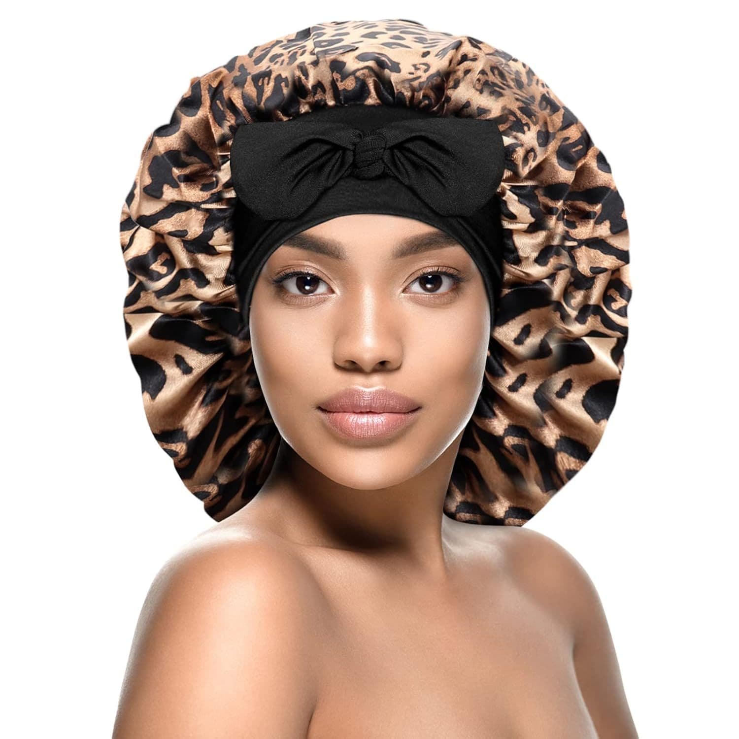 Leopard print ribbon satin sleeping cap with high elasticity and wide brim silk headscarf hat for beauty and hair care