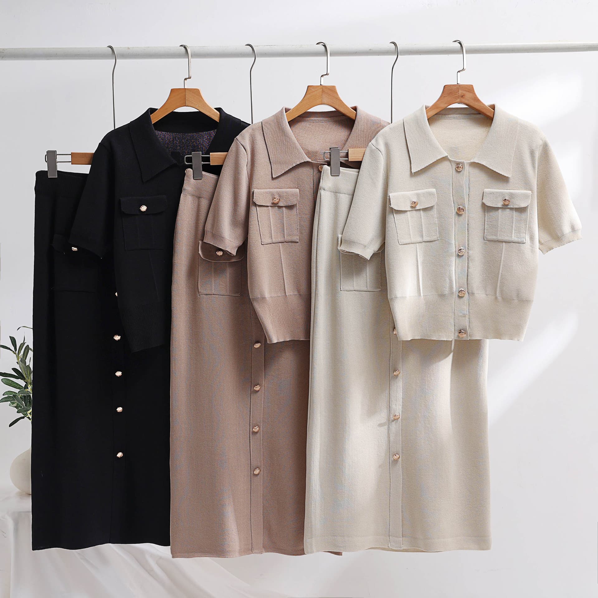 Women's Clothing high grade knitted suit spring and autumn new sweet and gentle short sleeved dress, two pieces