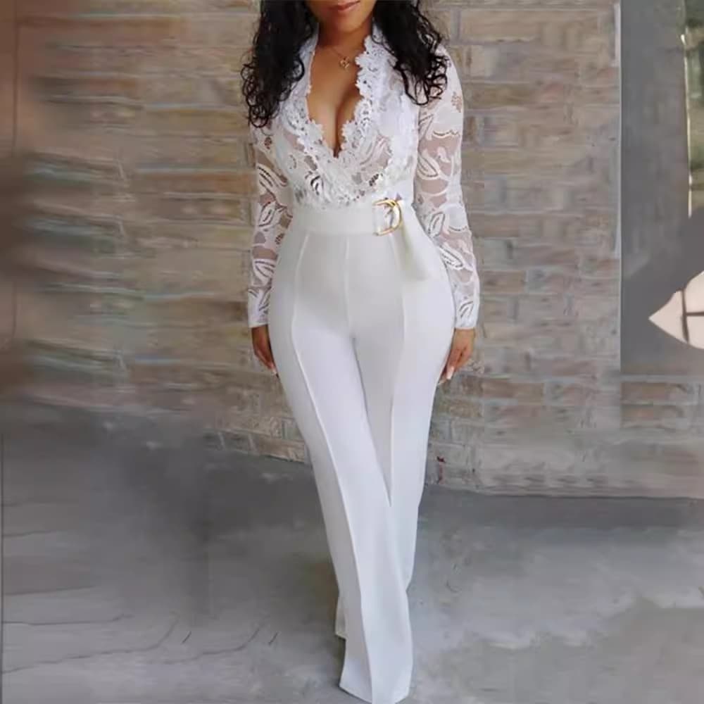 Women's Clothing Sexy Deep v White Perspective Lace Stitching Jumpsuit Trouser With Belt