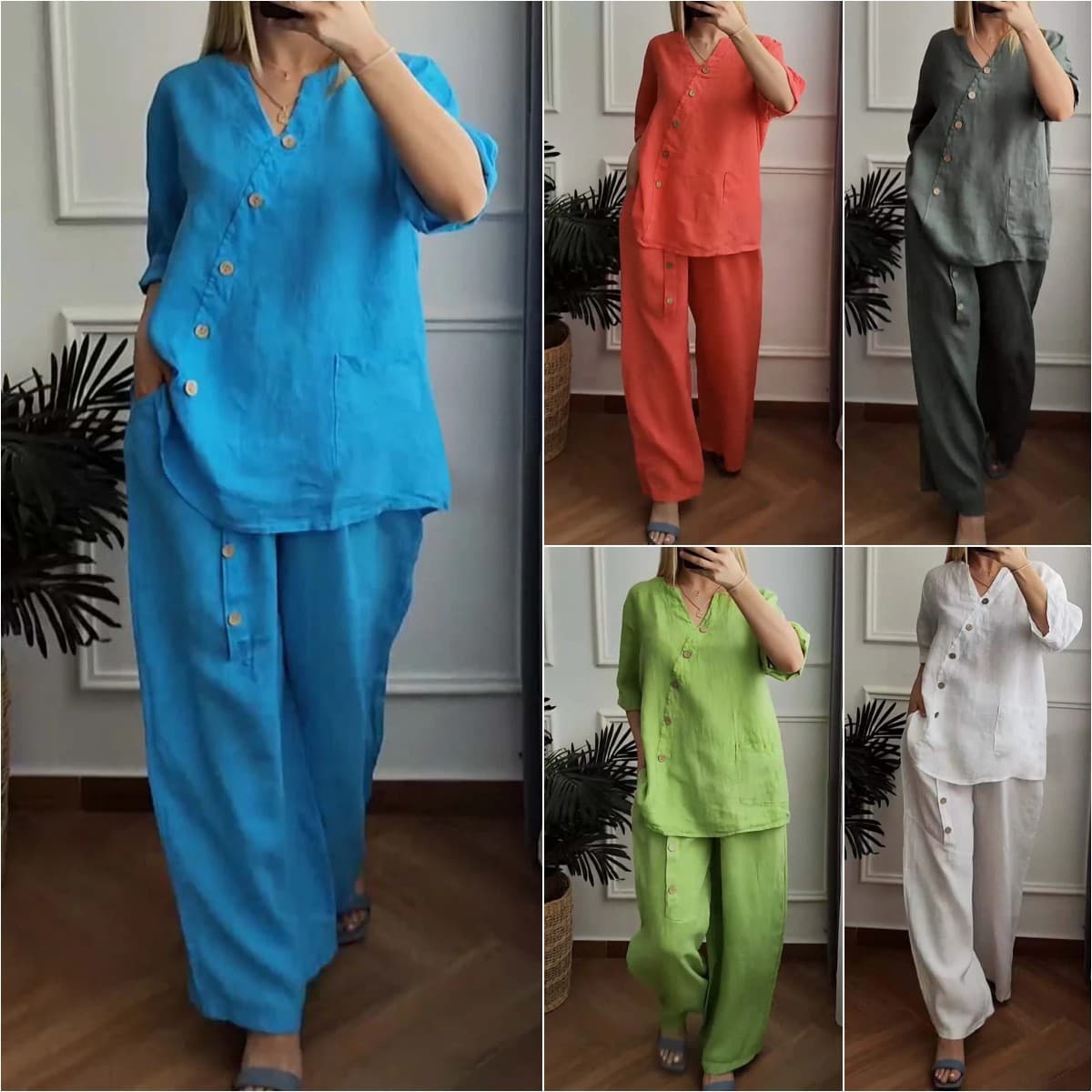Women's Clothing 2024 summer new solid color cotton and linen suit three-quarter sleeve top wide-leg pants two-piece suit women's clothing