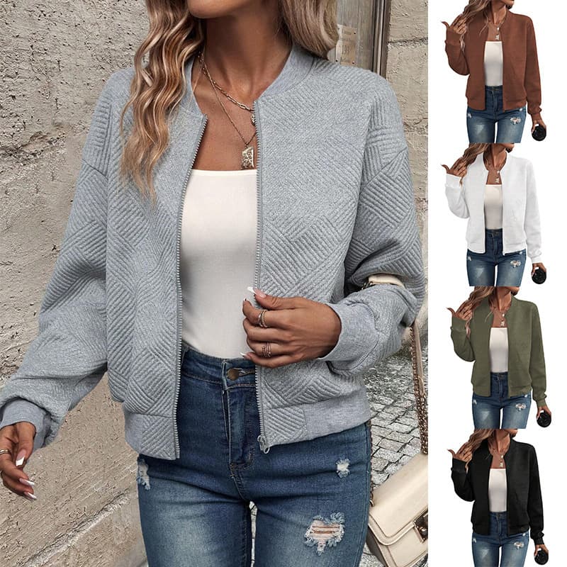 Women’s Zip-Up Bomber Jacket – Geometric Jacquard Polyester Casual Coat, Loose Fit Streetwear Outerwear In 8 Colors (Black/Army Green/Caramel)