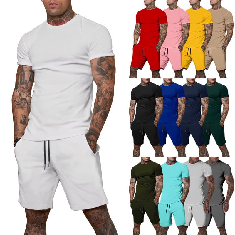 2024 new European solid color short-sleeved shorts sports suit summer ready-made men's suit authentic printable logo