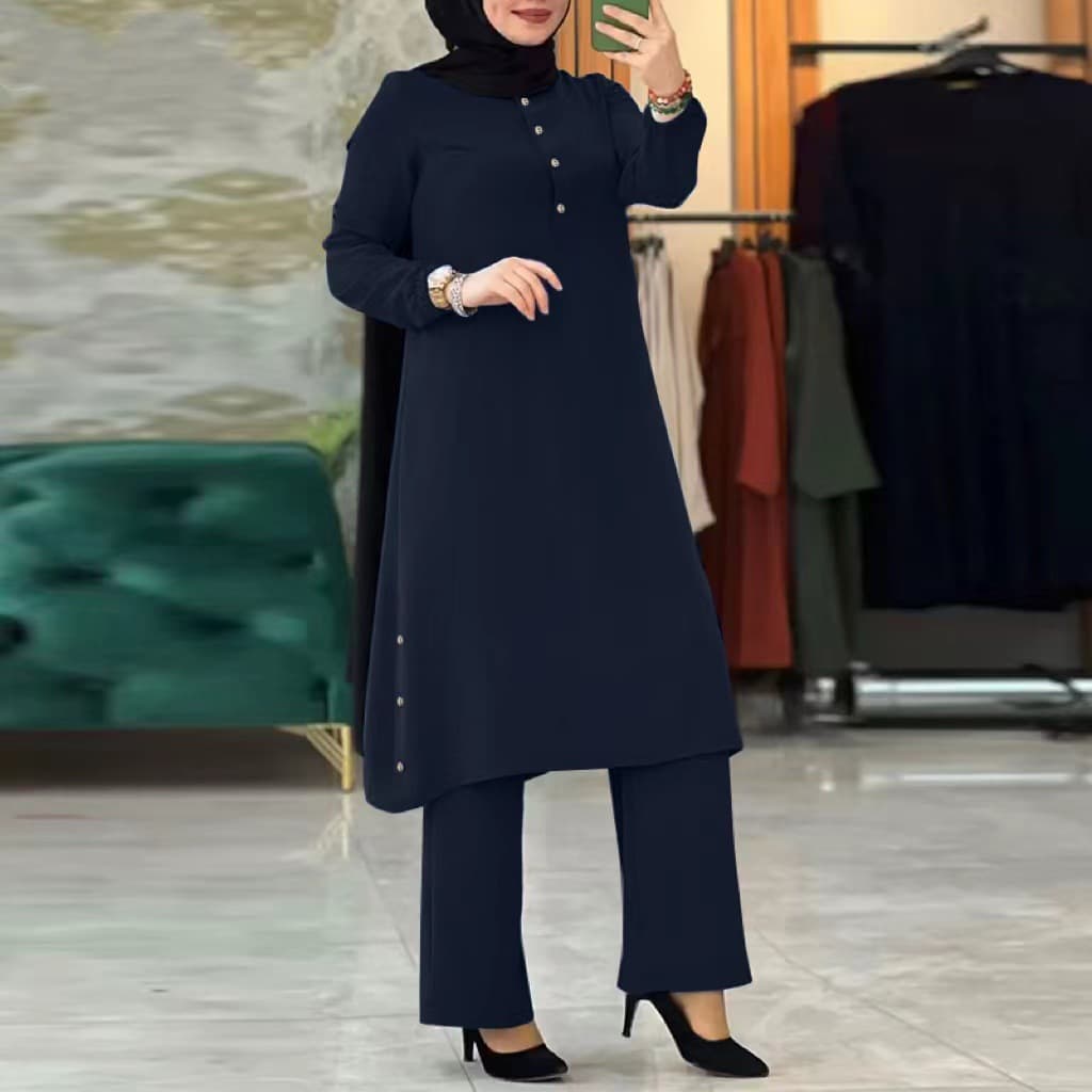 Women's solid color long-sleeved side seam decorative wooden buckle elastic waist suit