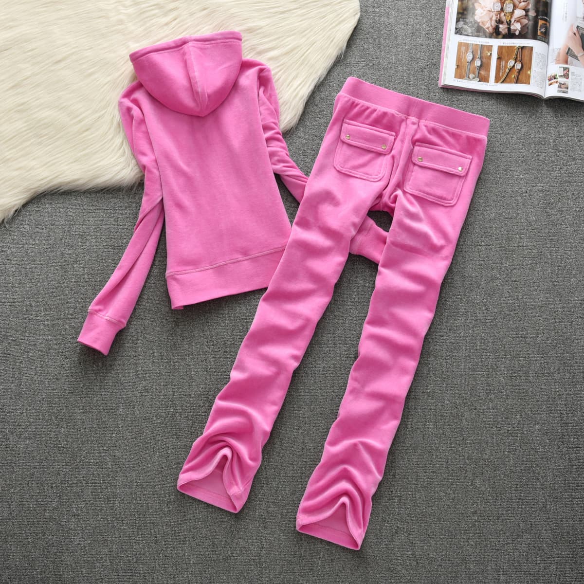 Women's Velvet Two Piece Set Spring Autumn Casual Sports Suit Solid Color Hooded Cardigan Straight Leg Pants