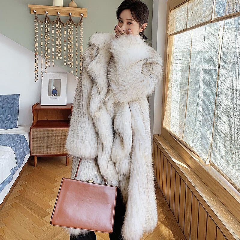 Women's Clothing Winter Luxury Faux Raccoon Fur Coat – Long Plush Jacket With Detachable Collar (S-XXL, White Jacquard)