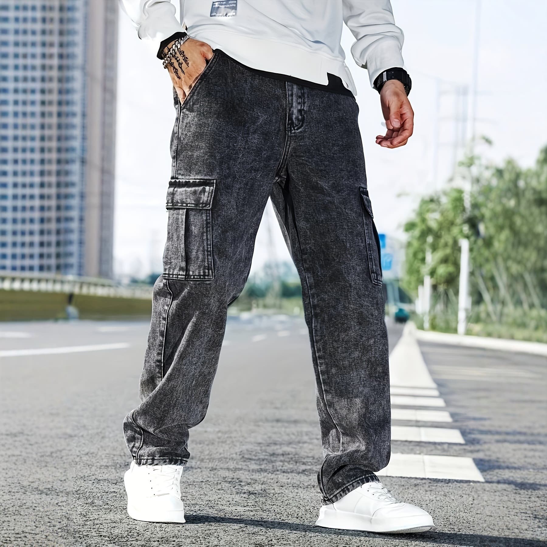 Men's Clothing Men's Cargo Workwear Jeans - Oversized Utility Denim Pants With Multi-Pockets (Gray, S-XXL)​