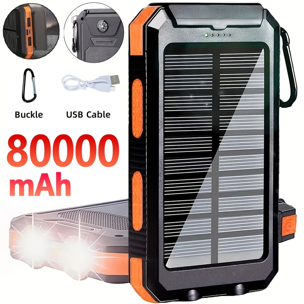 Solar Power Bank 80000mAh Portable Charging Poverbank External Battery Charger Strong Light LDE Light For All Smartphones
