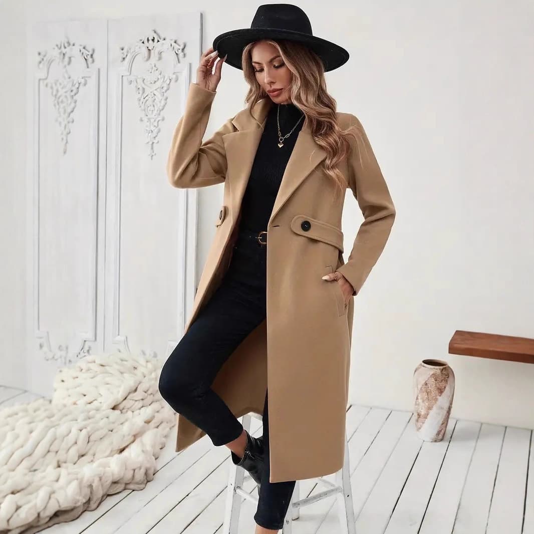 Elegant Women's Black & Beige Tweed Mid-Length Coat – Versatile Office To Evening Wear With V-Neck & Pockets