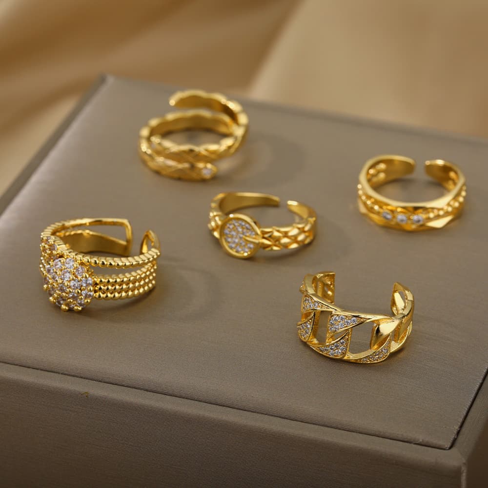 New Cuban Zircon Open Gold-Plated Chain Double Layer Women Hip-Hop Ring