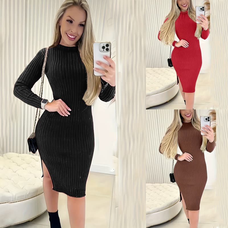 Women's clothing long-sleeved solid color round neck small slit elegant dress