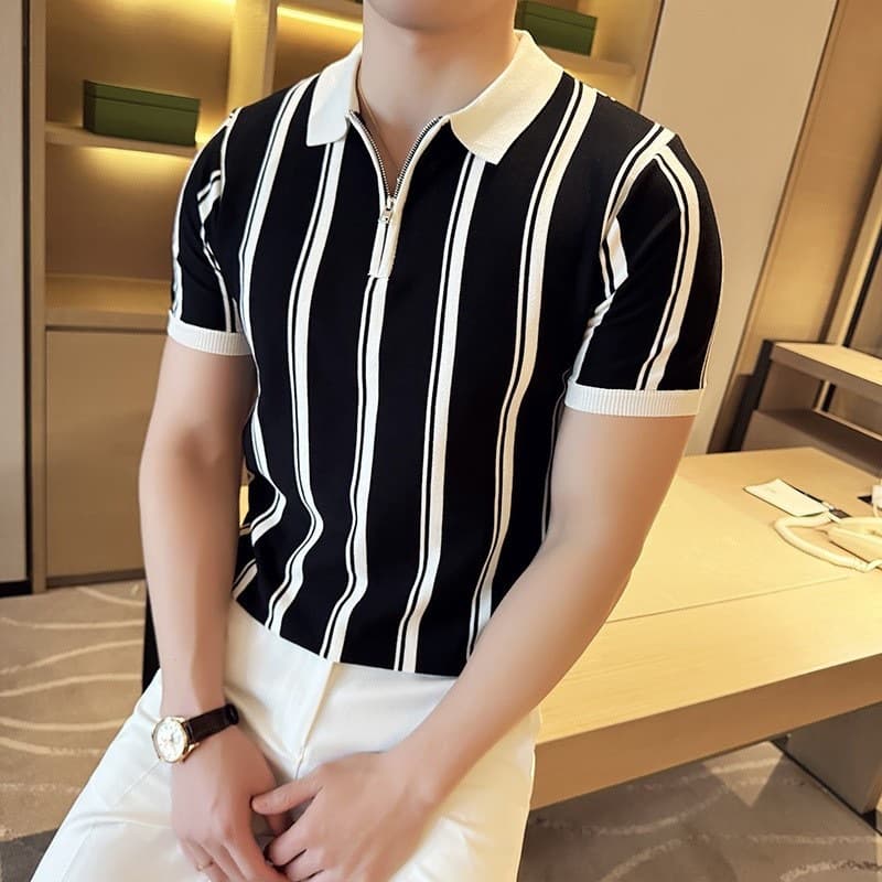 Men's Half-Zip Contrast Stripe Polo Shirt - Summer Lightweight & Breathable | Slim Lapel Design | Mature Elegant Style