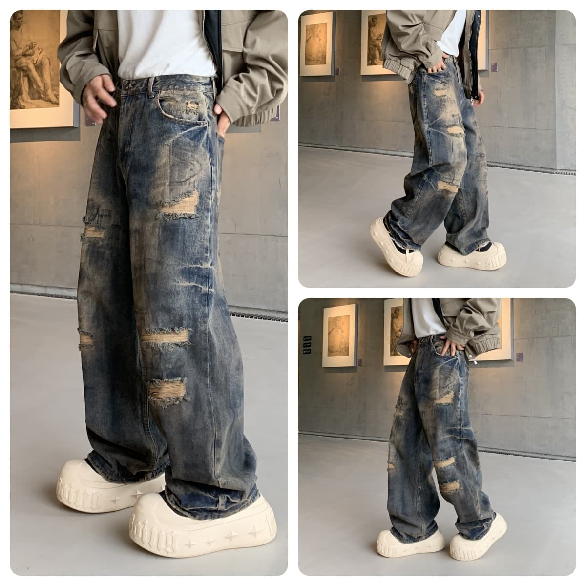 Distressed Denim Jeans For Men - Vintage Washed High Street Wide Leg Baggy Pants With Hand-Painted Details