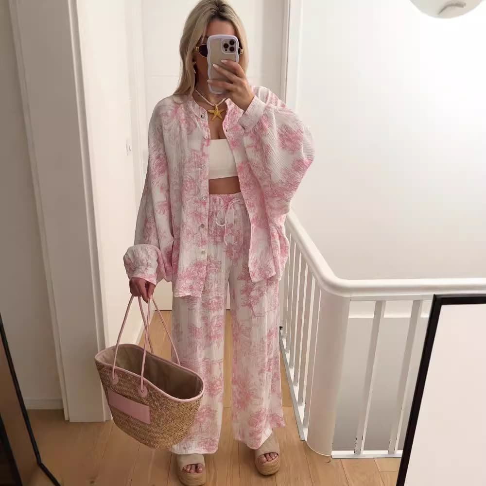 Women's Clothing Fashion Casual Printed Long Sleeved Shirt And Trousers Ladies Suit Two Piece Suit