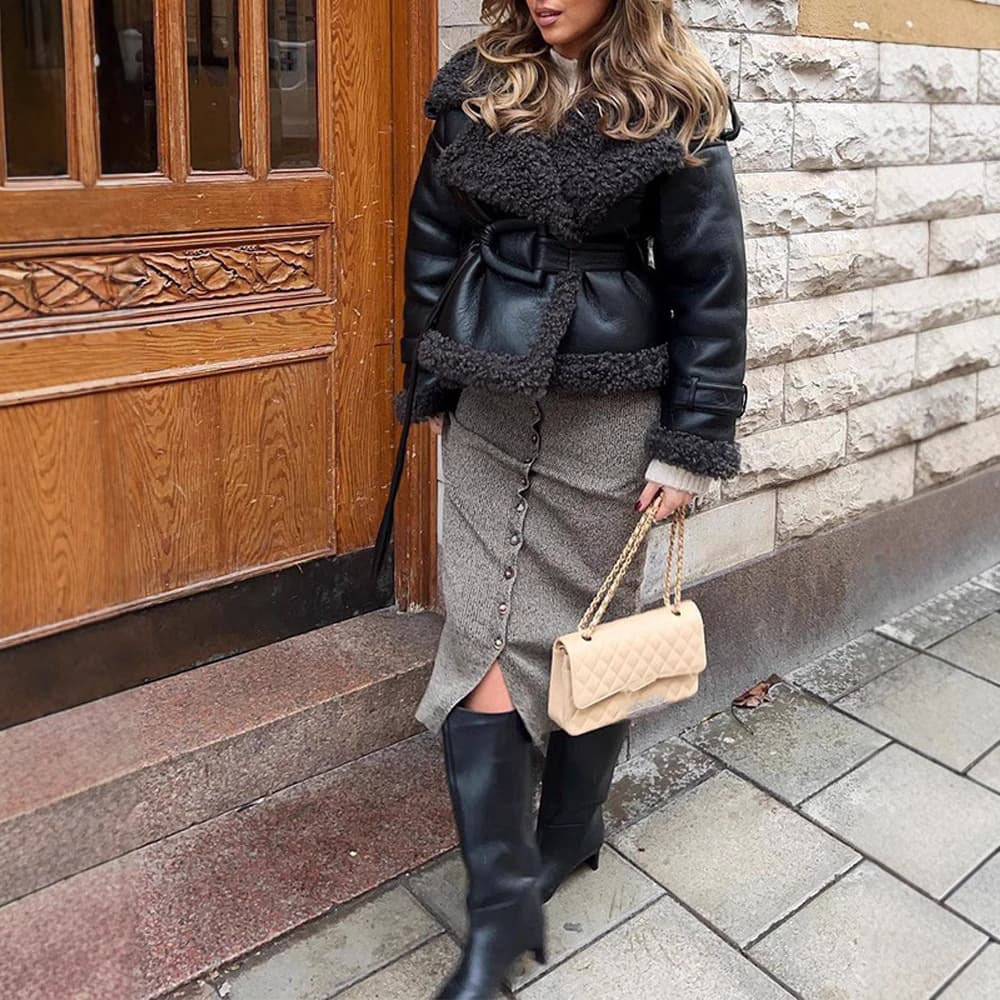 ​​Stylish Faux Leather Belted Short Coat With Faux Fur Lining - Trendy Streetwear Jacket For Women & Men, Warm Winter Outerwear, Black​​
