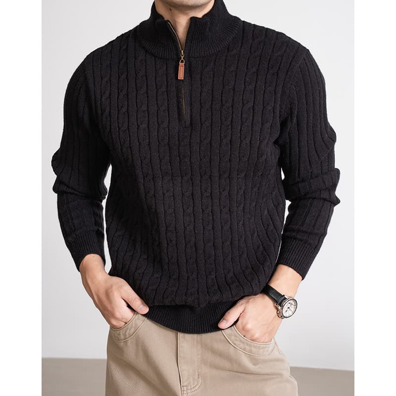 ​Men's Cable Knit Sweater Winter Half-Zip Pullover Thickened Casual Crewneck Jumper For Daily Wear​