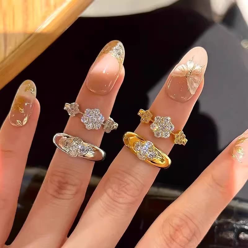 French Style Flower Hao Stone For Women, Niche Design, Light Luxury, High-End Feel, Four-Leaf Clover Index Finger Ring,