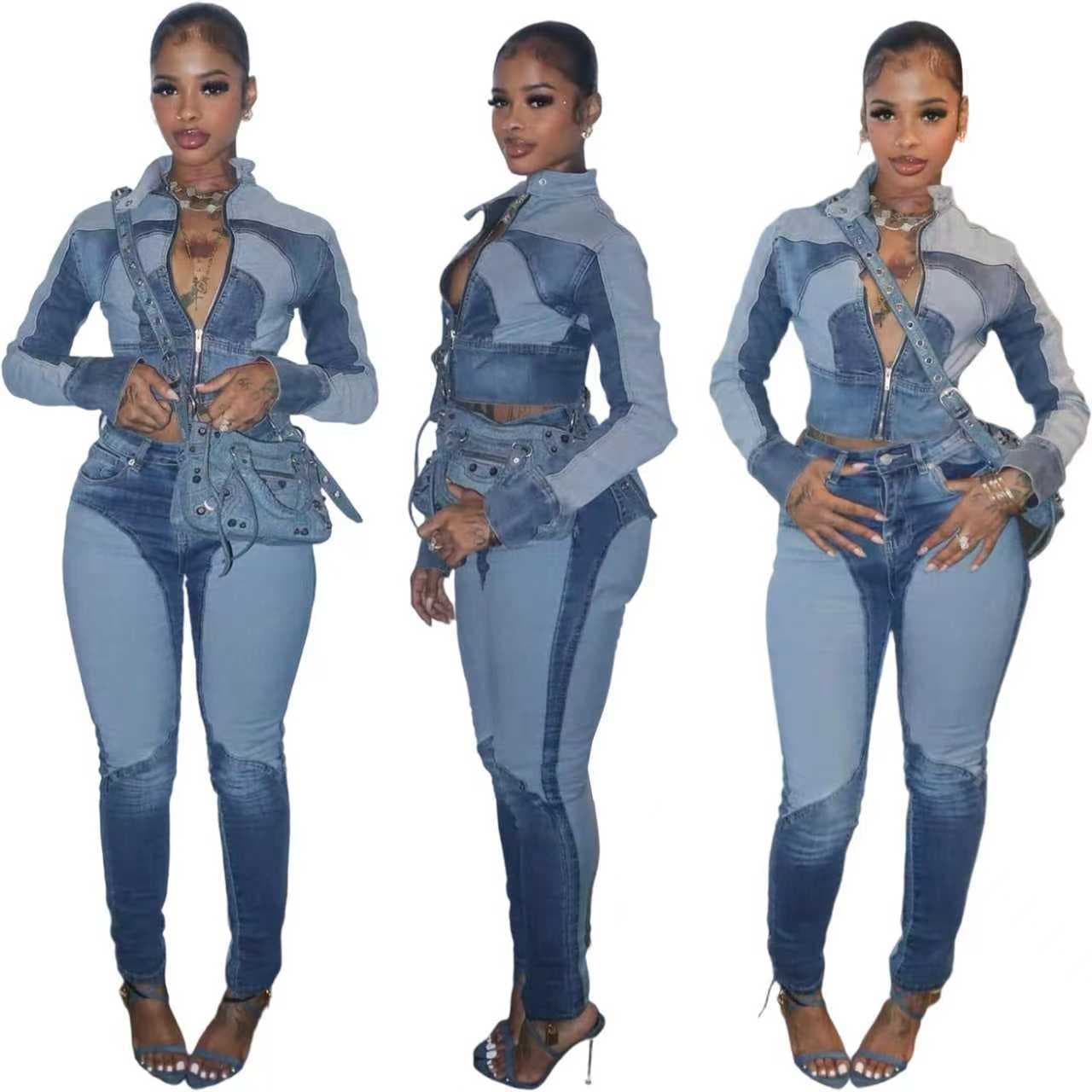 Women's Sexy High-Stretch Denim Set - Two-Piece Outfit With Color Blocking & 3D Effects, Comfortable & Stylish For Casual & Work