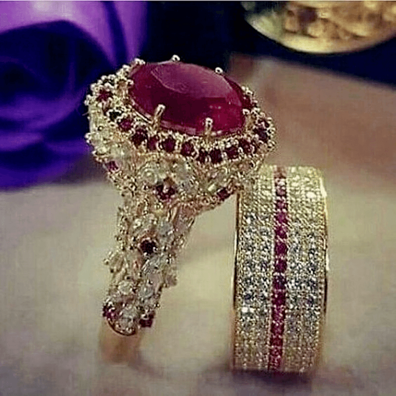 Elegant Gold Color Hip Hop Ring for Women Fashion Inlaid Zircon Red Stones Wedding Rings Set Party Bridal Engagement