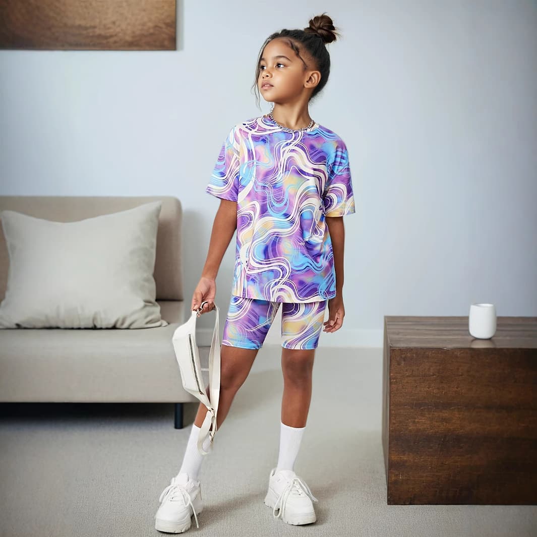 Mother & Kids INS Girls Abstract Full Print Short Sleeved Suit Round Neck Short Sleeved T Shirt Suit