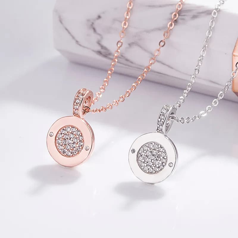 Double Sided Round Pendant Necklaces for Women Rose Gold Rhinestone Sterling Sier Choker Necklace Fashion Girls Party
