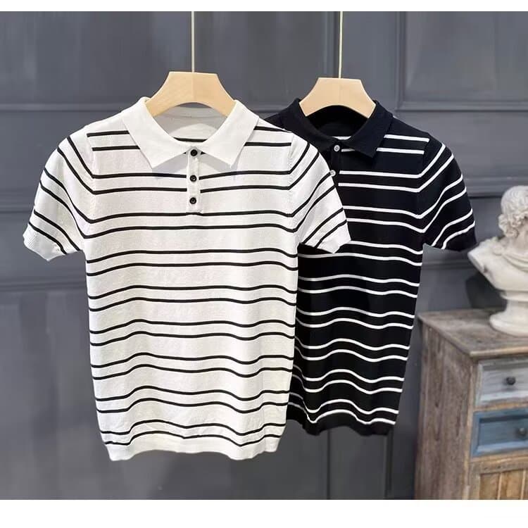 Men's Clothing Striped polo shirt men's summer all match casual black and white striped T shirt half sleeved thin knitted sweater lapel T shirt men