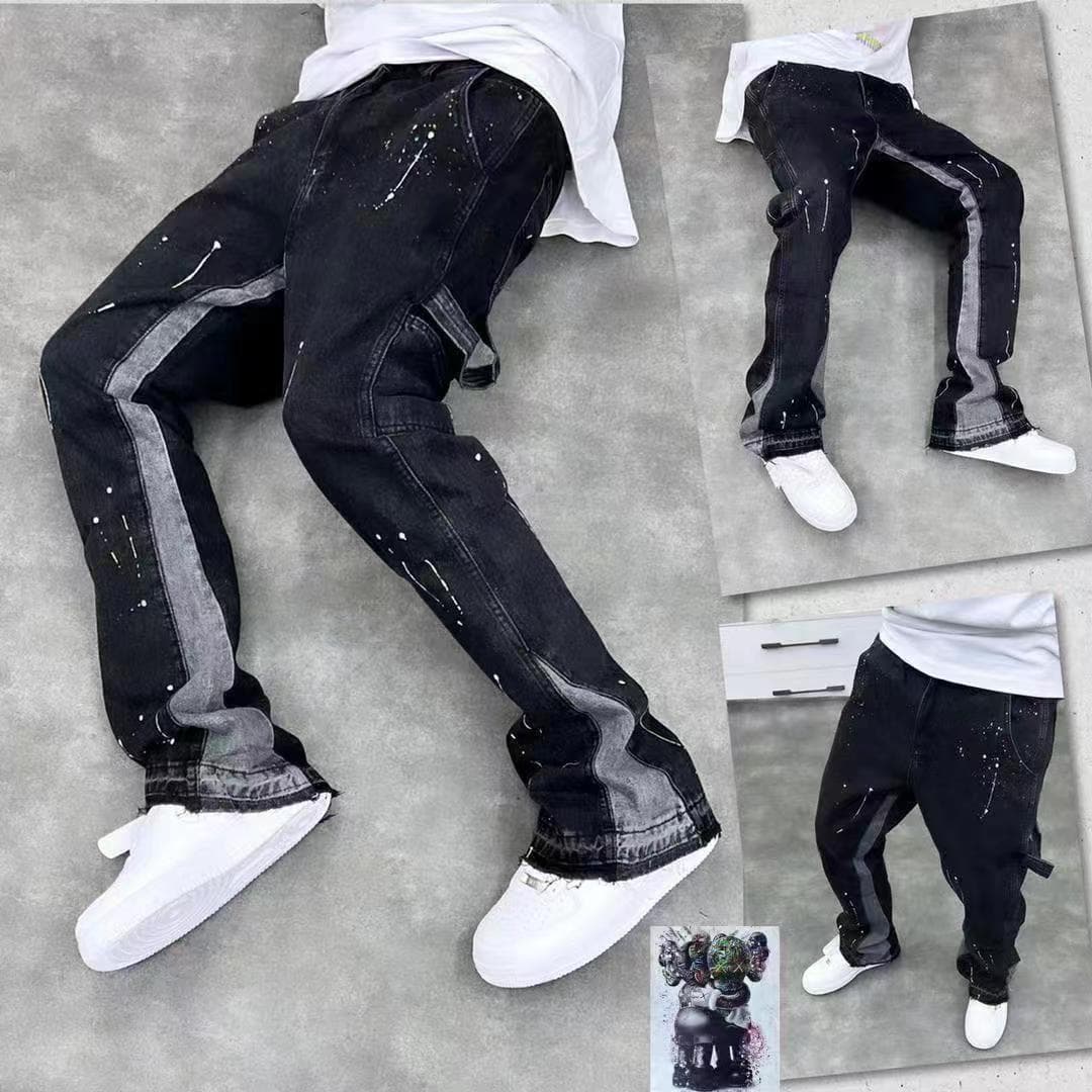 High Street Trendy Brand Speckled Ink Micro Horn Jeans Men's American Vibe Style Loose Straight Leg Casual Floor