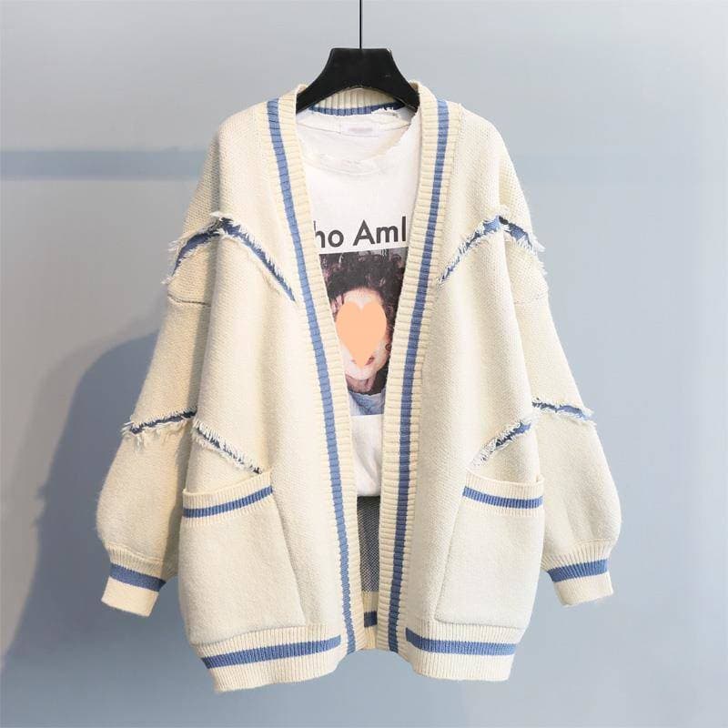 Color Block Fringe Letter Knit Cardigan – Oversized Longline Sweater (One Size) – Plush & Warm For Autumn/Winter​