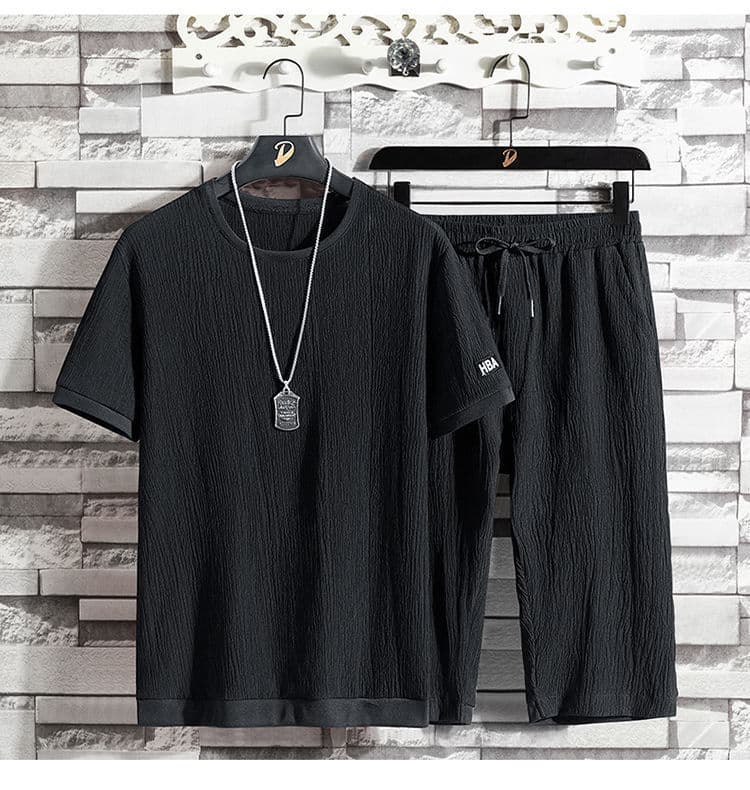 Men's Ice Silk Suit Casual Sports Suit Loose Large Size Short-Sleeved Cropped Pants Fashionable Two-Piece Suit