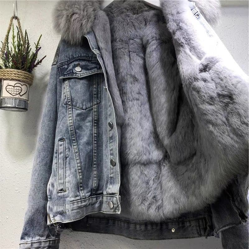 Women's Denim Jacket With Faux Fur Collar, Winter Short Padded Coat, Loose Fit, Thick Warm Fleece Lining, Casual Style