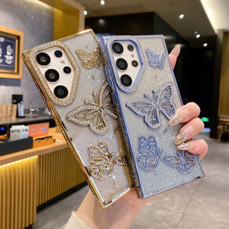 Glitter Butterfly Phone Cases For Samsung Galaxy S26 S25 S24 Ultra S23 Rhinestone Back Cover