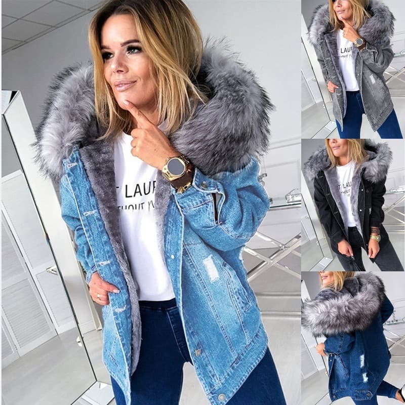 Women's Clothing retro large fur collar denim jacket temperament commuting warm medium and long ripped distressed coat