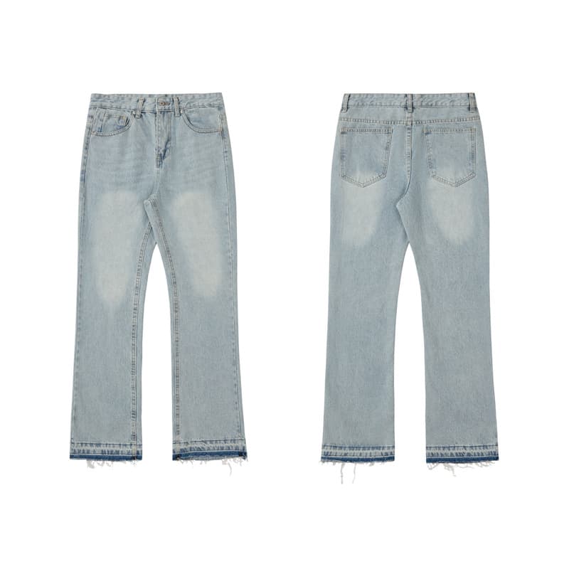 Men's Blue Hem Tassel Jeans High Street Washed Retro Flared Cleanfit Pants
