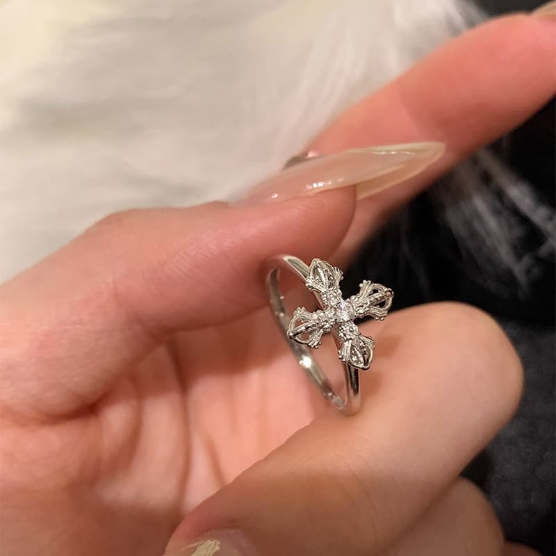 Tiqi S925 Sterling Silver Light Luxury High-end Cross Elegant Niche Vajra Index Finger Ring For Women Trendy