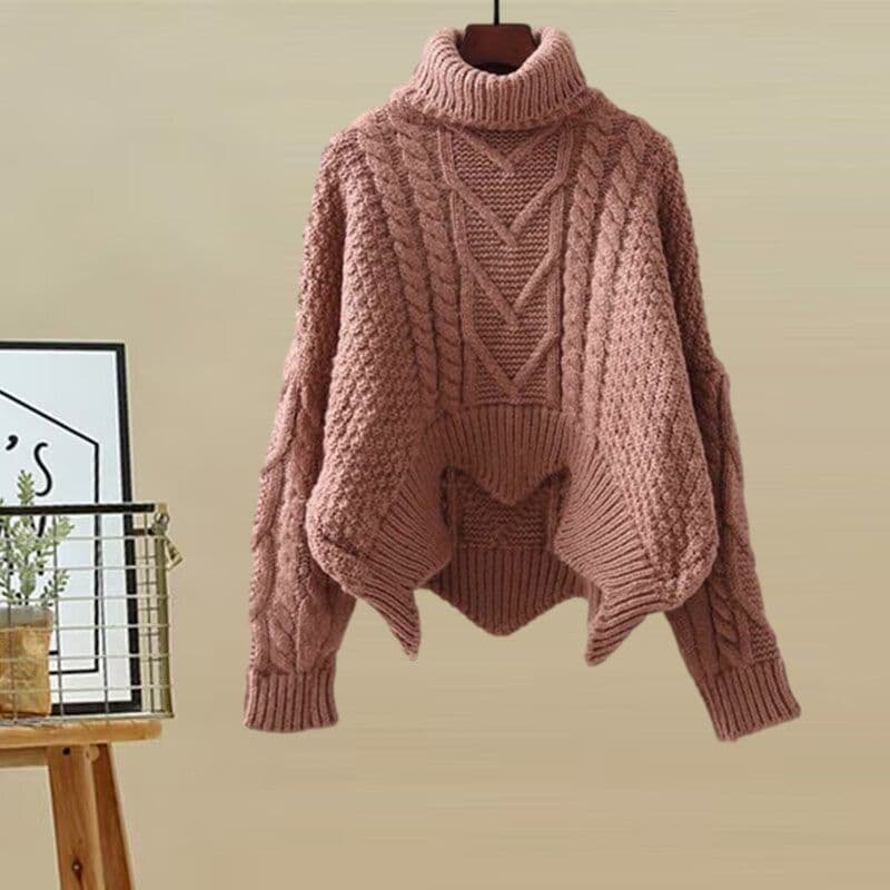 Ensemble deux pièces pour femme : pull à col roulé en maille et jupe amincissante. Collection automne-hiver.
