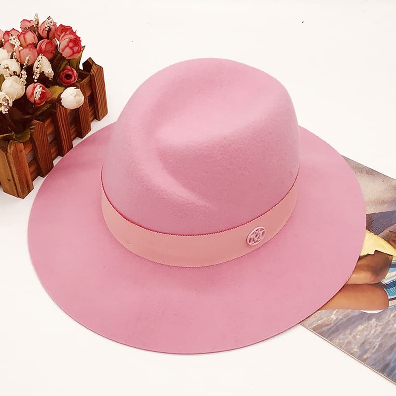 Autumn and winter hot sale ladies pure wool wide brimmed pink jazz top hat