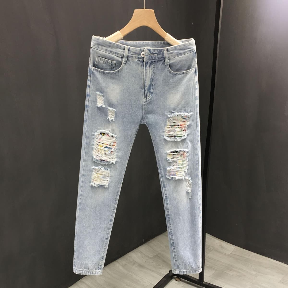 Men's Distressed Slim Fit Jeans - Light Blue Stretch Denim Pants With Rolled Cuff & Ripped Details