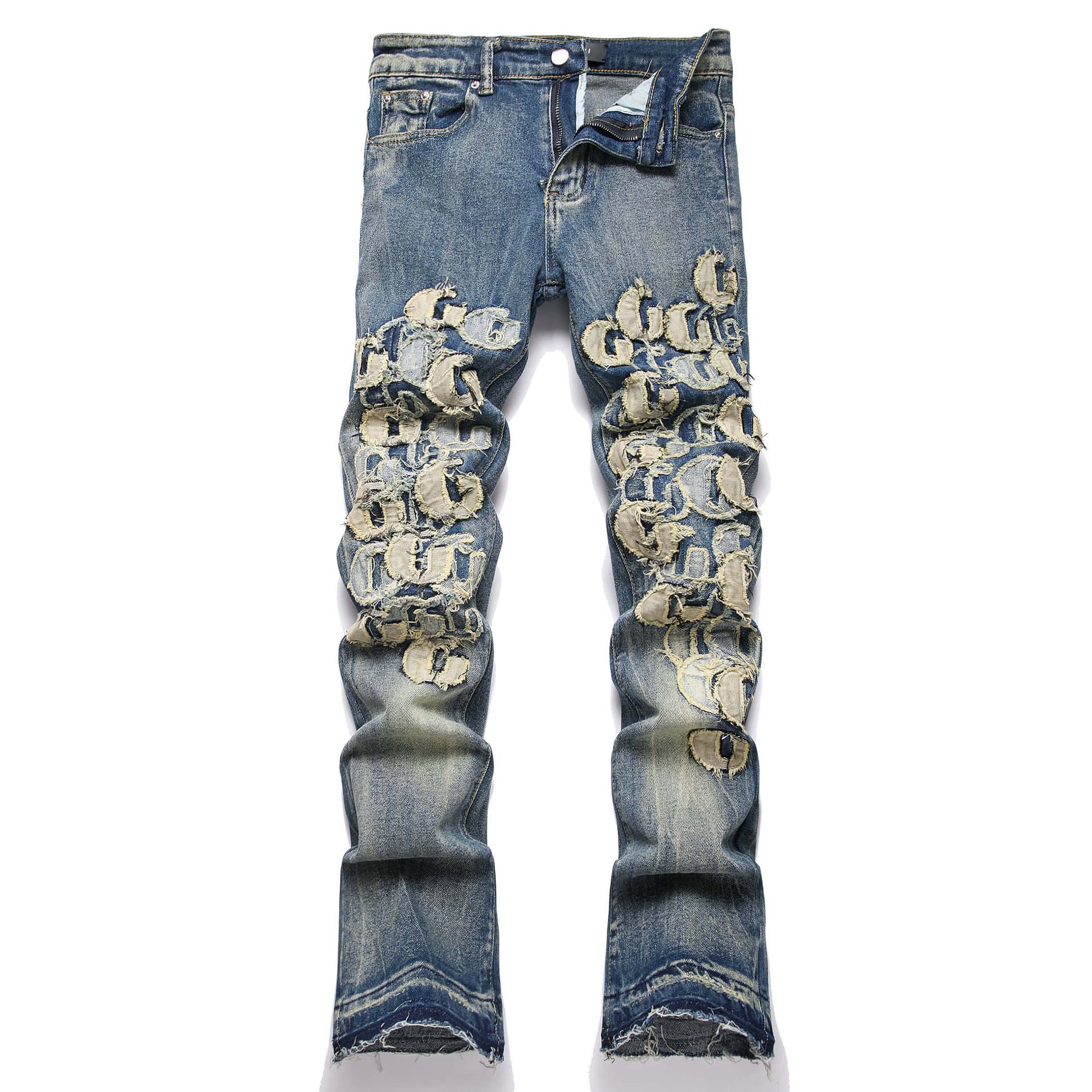 Men's Blue Retro High Street Motorcycle Jeans Stretch Embroidered Flared Trendy Youth Clothing 2026 Cross Border Trade Style 3833
